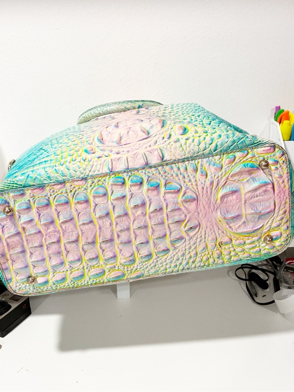 BRAHMIN Duxbury Satchel Cotton Candy Teal & Pink Croc Embossed Leather - Picture 3 of 5